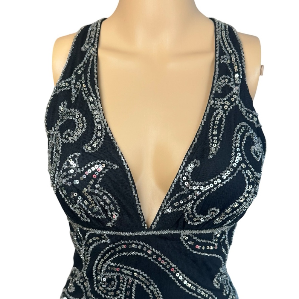 Mac Duggal Couture Black Beaded Plunge Front Open Back Evening Dress Gown Prom L - Picture 2 of 13